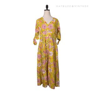Floral Midi Shirt Dress S Yellow Pink Cotton India Sleeves Summer Church Empire